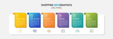 Altı adımlı alışveriş süreci kavramı. Altı renkli grafik elementi. Broşür, sunum ve web sitesi için zaman çizelgesi tasarımı. Infographic tasarım düzeni.