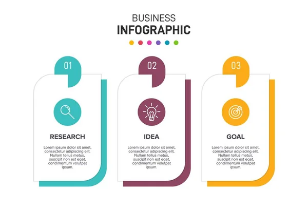 Concepto de modelo de negocio de flechas con 3 pasos sucesivos. Tres coloridos elementos gráficos. Diseño de cronología para folleto, presentación. Diseño infográfico. — Archivo Imágenes Vectoriales