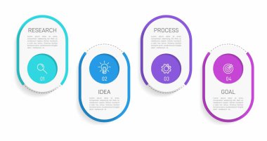 Simgeli ve 4 basamaklı bilgi tasarımı. İnce çizgi vektörü. Bilgi işlem iş konsepti. Bilgi grafikleri, akış grafikleri, sunumlar, web siteleri, afişler, yazılı materyaller için kullanılabilir.