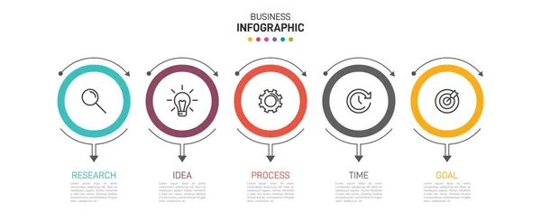 Diseño infográfico con iconos y 5 opciones o pasos. Vector de línea delgada. Concepto de negocio de infografía. Puede ser utilizado para gráficos de información, diagramas de flujo, presentaciones, sitios web, banners, materiales impresos. — Vector de stock