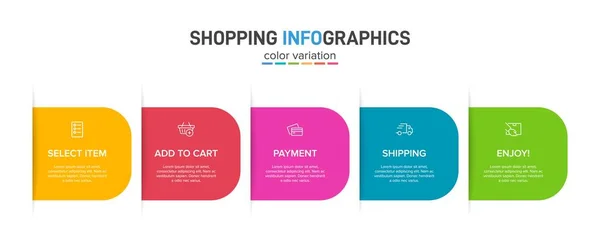 Koncepcja procesu zakupów z 5 kolejnymi krokami. Pięć kolorowych elementów graficznych. Projekt harmonogramu dla broszury, prezentacji, strony internetowej. Układ projektu infograficznego. — Wektor stockowy