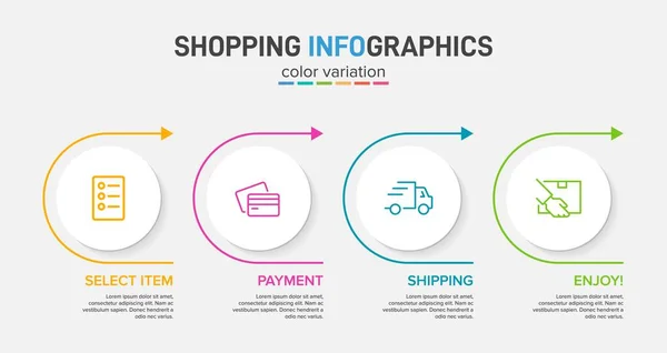 Begreppet shopping process med 4 på varandra följande steg. Fyra färgstarka grafiska element. Tidslinje design för broschyr, presentation, hemsida. Infografisk utformning. — Stock vektor