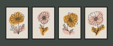 Daisy el çizimi grafikleri hazır. Asgari ve doğal duvar sanatı. Soyut şekilli boho yaprak çizimi. Baskı, duvar kağıdı ve kapak için soyut Bitki Sanatı tasarımı. Modern vektör illüstrasyonu.