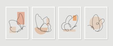 Butterfly wall art vector set. Boho foliage line art drawing with butterfly. Abstract Plant Art design for print, cover, wallpaper. Minimal and natural wall art. Moden line illustration.