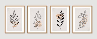 Botanik duvar sanat vektörü ayarlandı. Asgari ve doğal duvar sanatı. Soyut şekilli boho yaprak çizimi. Baskı, duvar kağıdı ve kapak için soyut Bitki Sanatı tasarımı. Modern vektör illüstrasyonu.