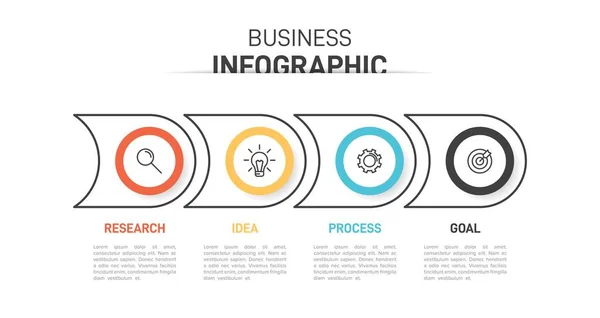 Инфографический дизайн с иконками и 4 вариантами или шагами. Тонкая линия вектора. Инфографика бизнес-концепция. Может использоваться для инфо-графики, диаграмм, презентаций, веб-сайтов, печатных материалов. — стоковый вектор