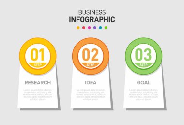 Ardışık üç adımlı ok iş modeli kavramı. Üç renkli grafik öğe. Broşür ve sunum için zaman çizelgesi tasarımı. Infographic tasarım düzeni.