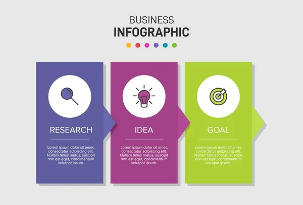 Konzept des Pfeil-Geschäftsmodells mit 3 aufeinander folgenden Schritten. Drei farbenfrohe grafische Elemente. Timeline-Design für Broschüre, Präsentation. Gestaltung der Infografik. — Stockvektor