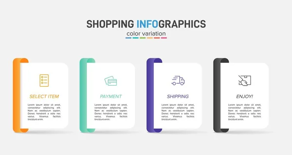 Koncepcja procesu zakupów z 4 kolejnymi krokami. Cztery kolorowe elementy graficzne. Projekt harmonogramu dla broszury, prezentacji, strony internetowej. Układ projektu infograficznego. — Wektor stockowy