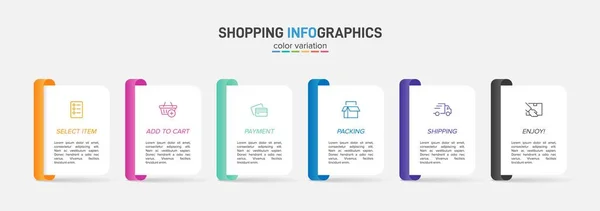 A vásárlási folyamat koncepciója 6 egymást követő lépésben. Hat színes grafikai elem. Idővonal tervezése prospektus, prezentáció, weboldal. Infografikai tervezési elrendezés. — Stock Vector