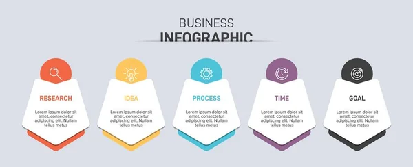 Diseño infográfico con iconos y 5 opciones o pasos. Vector de línea delgada. Concepto de negocio de infografía. Puede ser utilizado para gráficos de información, diagramas de flujo, presentaciones, sitios web, banners, materiales impresos. — Vector de stock