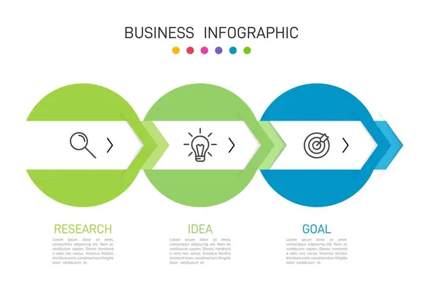 Концепция бизнес-модели стрел с 3 последовательными шагами. Три красочных графических элемента. Хронология оформления брошюры, презентации. Инфографический дизайн. — стоковый вектор