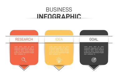 Ardışık üç adımlı ok iş modeli kavramı. Üç renkli grafik öğe. Broşür ve sunum için zaman çizelgesi tasarımı. Infographic tasarım düzeni.