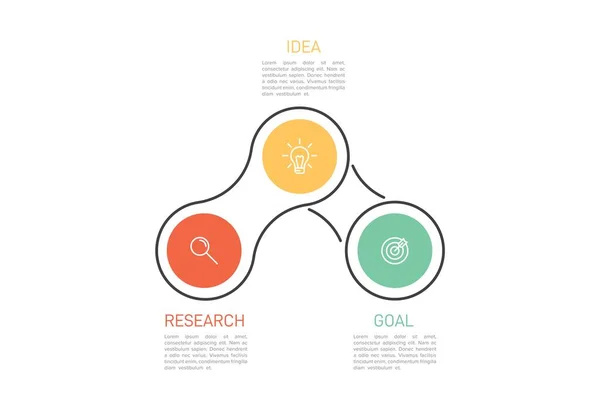 Concepto de modelo de negocio de flechas con 3 pasos sucesivos. Tres coloridos elementos gráficos. Diseño de cronología para folleto, presentación. Diseño infográfico. — Archivo Imágenes Vectoriales