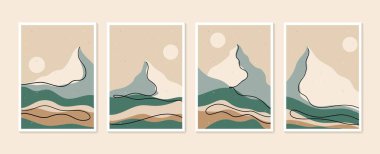 Koleksiyon modern minimalist sanat baskısı. Soyut dağ, çağdaş estetik arka planlar, manzara. Duvar çerçeveli baskılar için sanat tasarımı, poster, kapak, ev dekorasyonu, tuval baskıları, duvar kağıdı.