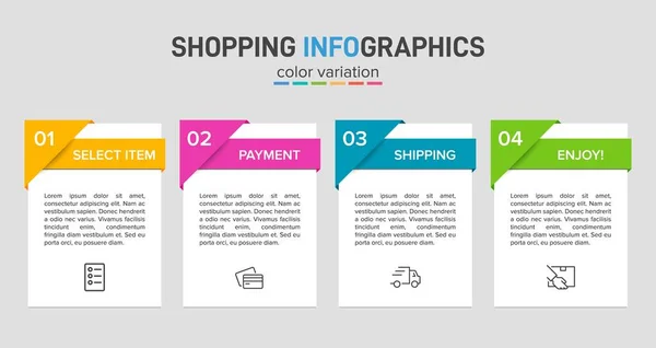 Begreppet shopping process med 4 på varandra följande steg. Fyra färgstarka grafiska element. Tidslinje design för broschyr, presentation, hemsida. Infografisk utformning. — Stock vektor