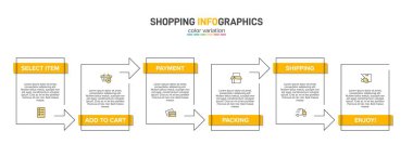 Altı adımlı alışveriş süreci kavramı. Altı renkli grafik elementi. Broşür, sunum ve web sitesi için zaman çizelgesi tasarımı. Infographic tasarım düzeni.