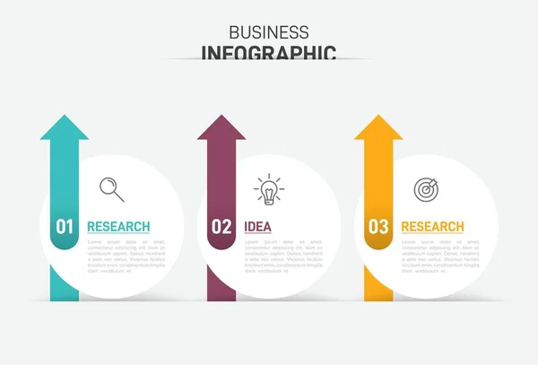 Концепция бизнес-модели стрел с 3 последовательными шагами. Три красочных графических элемента. Хронология оформления брошюры, презентации. Инфографический дизайн. — стоковый вектор