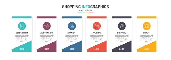 Koncepcja procesu zakupów z 6 kolejnymi krokami. Sześć kolorowych elementów graficznych. Projekt harmonogramu dla broszury, prezentacji, strony internetowej. Układ projektu infograficznego. — Wektor stockowy