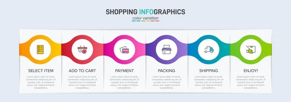 Koncepcja procesu zakupów z 6 kolejnymi krokami. Sześć kolorowych elementów graficznych. Projekt harmonogramu dla broszury, prezentacji, strony internetowej. Układ projektu infograficznego. — Wektor stockowy