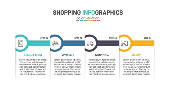 Concept of shopping process with 4 successive steps. Four colorful graphic elements. Timeline design for brochure, presentation, web site. Infographic design layout. — Stock Vector