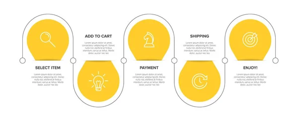 Beş adımlı alışveriş süreci kavramı. Beş renkli grafik elementi. Broşür, sunum ve web sitesi için zaman çizelgesi tasarımı. Infographic tasarım düzeni. — Stok Vektör