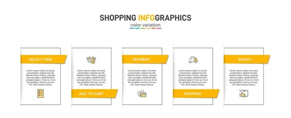 Beş adımlı alışveriş süreci kavramı. Beş renkli grafik elementi. Broşür, sunum ve web sitesi için zaman çizelgesi tasarımı. Infographic tasarım düzeni. — Stok Vektör