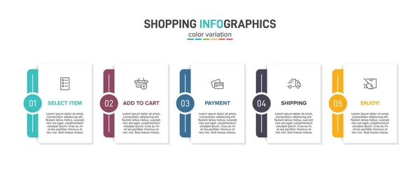 Koncepcja procesu zakupów z 5 kolejnymi krokami. Pięć kolorowych elementów graficznych. Projekt harmonogramu dla broszury, prezentacji, strony internetowej. Układ projektu infograficznego. — Wektor stockowy