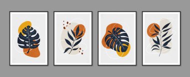 Botanik duvar sanat vektörü ayarlandı. Asgari ve doğal duvar sanatı. Soyut şekilli boho yaprak çizimi. Baskı, duvar kağıdı ve kapak için soyut Bitki Sanatı tasarımı. Modern vektör illüstrasyonu.