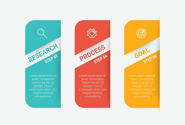 Konzept des Pfeil-Geschäftsmodells mit 3 aufeinander folgenden Schritten. Drei farbenfrohe grafische Elemente. Timeline-Design für Broschüre, Präsentation. Gestaltung der Infografik. — Stockvektor