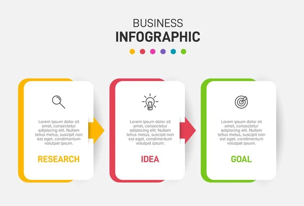 Concept de modèle d'affaires de flèche avec 3 étapes successives. Trois éléments graphiques colorés. Conception du calendrier pour la brochure, la présentation. Mise en page infographique. — Image vectorielle
