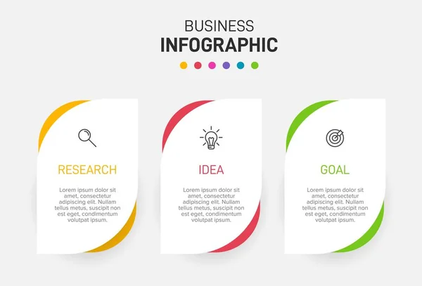 Konzept des Pfeil-Geschäftsmodells mit 3 aufeinander folgenden Schritten. Drei farbenfrohe grafische Elemente. Timeline-Design für Broschüre, Präsentation. Gestaltung der Infografik. — Stockvektor