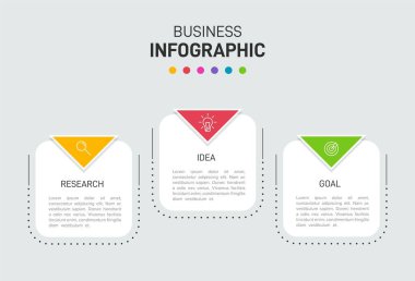 Ardışık üç adımlı ok iş modeli kavramı. Üç renkli grafik öğe. Broşür ve sunum için zaman çizelgesi tasarımı. Infographic tasarım düzeni.