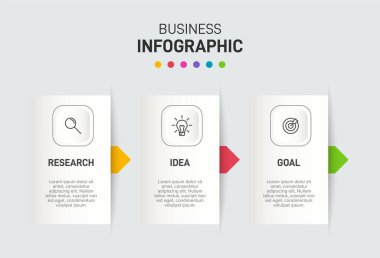 Ardışık üç adımlı ok iş modeli kavramı. Üç renkli grafik öğe. Broşür ve sunum için zaman çizelgesi tasarımı. Infographic tasarım düzeni.