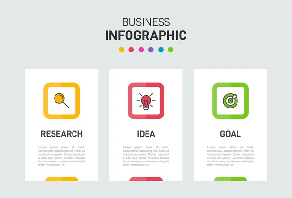 Concepto de modelo de negocio de flechas con 3 pasos sucesivos. Tres coloridos elementos gráficos. Diseño de cronología para folleto, presentación. Diseño infográfico. — Vector de stock