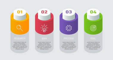 Simgeli ve 4 basamaklı bilgi tasarımı. İnce çizgi vektörü. Bilgi işlem iş konsepti. Bilgi grafikleri, akış grafikleri, sunumlar, web siteleri, afişler, yazılı materyaller için kullanılabilir.