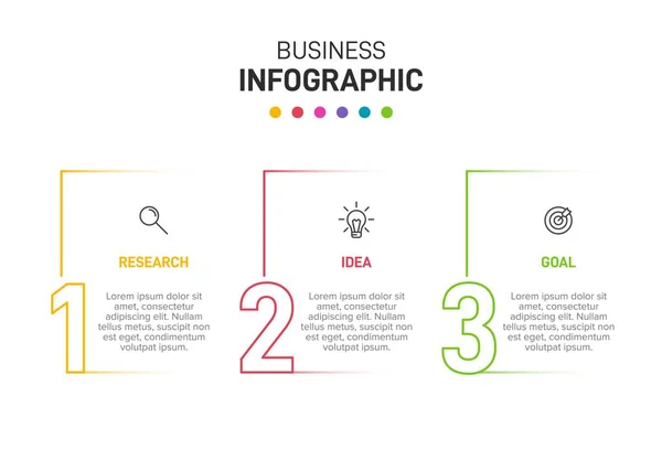 Konzept des Pfeil-Geschäftsmodells mit 3 aufeinander folgenden Schritten. Drei farbenfrohe grafische Elemente. Timeline-Design für Broschüre, Präsentation. Gestaltung der Infografik. — Stockvektor