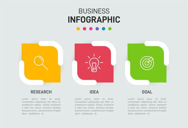 Ardışık üç adımlı ok iş modeli kavramı. Üç renkli grafik öğe. Broşür ve sunum için zaman çizelgesi tasarımı. Infographic tasarım düzeni. — Stok Vektör