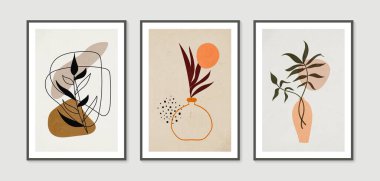 Botanik duvar sanat vektörü ayarlandı. Çağdaş sanat posterleri koleksiyonu. Asgari ve doğal duvar sanatı. Baskı, duvar kağıdı ve kapak için soyut Bitki Sanatı tasarımı. Modern vektör illüstrasyonu.