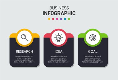 Ardışık üç adımlı ok iş modeli kavramı. Üç renkli grafik öğe. Broşür ve sunum için zaman çizelgesi tasarımı. Infographic tasarım düzeni.