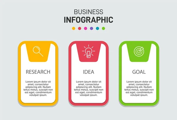 Konzept des Pfeil-Geschäftsmodells mit 3 aufeinander folgenden Schritten. Drei farbenfrohe grafische Elemente. Timeline-Design für Broschüre, Präsentation. Gestaltung der Infografik. — Stockvektor
