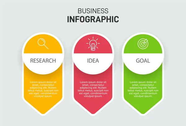 Konzept des Pfeil-Geschäftsmodells mit 3 aufeinander folgenden Schritten. Drei farbenfrohe grafische Elemente. Timeline-Design für Broschüre, Präsentation. Gestaltung der Infografik. — Stockvektor