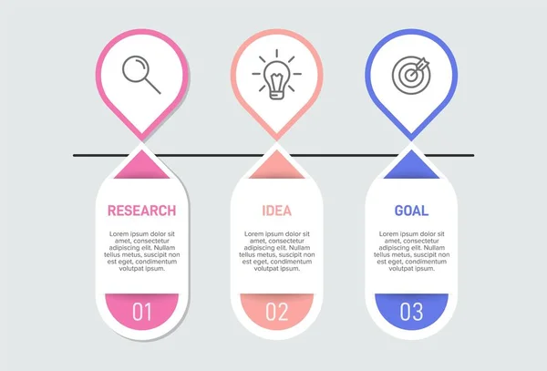 Concepto de modelo de negocio de flechas con 3 pasos sucesivos. Tres coloridos elementos gráficos. Diseño de cronología para folleto, presentación. Diseño infográfico. — Archivo Imágenes Vectoriales