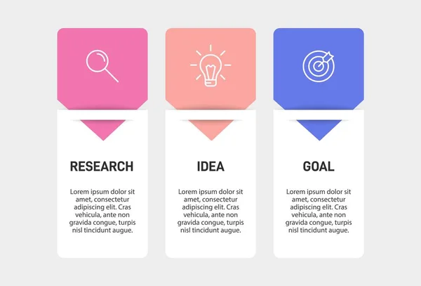 Concepto de modelo de negocio de flechas con 3 pasos sucesivos. Tres coloridos elementos gráficos. Diseño de cronología para folleto, presentación. Diseño infográfico. — Archivo Imágenes Vectoriales