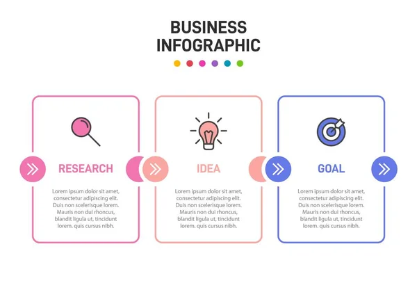 Концепция бизнес-модели стрел с 3 последовательными шагами. Три красочных графических элемента. Хронология оформления брошюры, презентации. Инфографический дизайн. — стоковый вектор