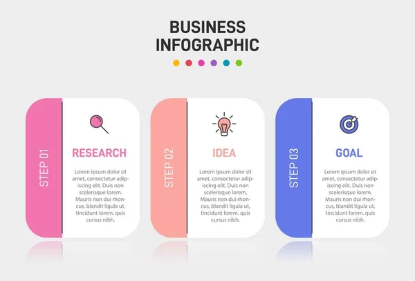 Konzept des Pfeil-Geschäftsmodells mit 3 aufeinander folgenden Schritten. Drei farbenfrohe grafische Elemente. Timeline-Design für Broschüre, Präsentation. Gestaltung der Infografik. — Stockvektor