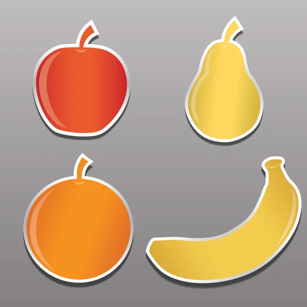 Чотири наклейки з зображенням фруктів, яблука, груші, банана, коктейлю — стоковий вектор