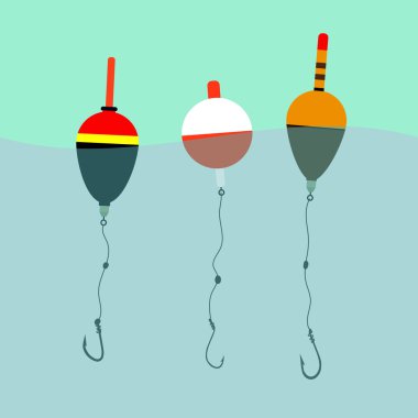 three floats with hooks under water, waves, fishing, leisure. clipart