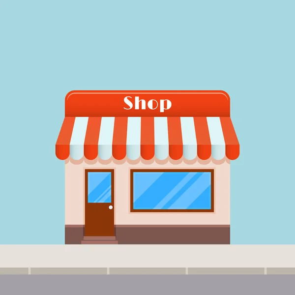 Tienda de dibujos animados brillante con un toldo, estilo plano — Vector de stock