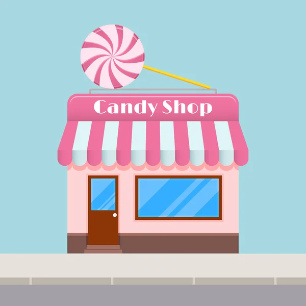 Tienda de dulces de dibujos animados brillantes con un dosel, estilo plano . — Archivo Imágenes Vectoriales